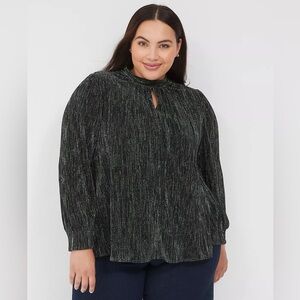 New Lane Bryant Blouse 26/28 Green Metallic Swing Lurex Plisse Top Pleated Disco